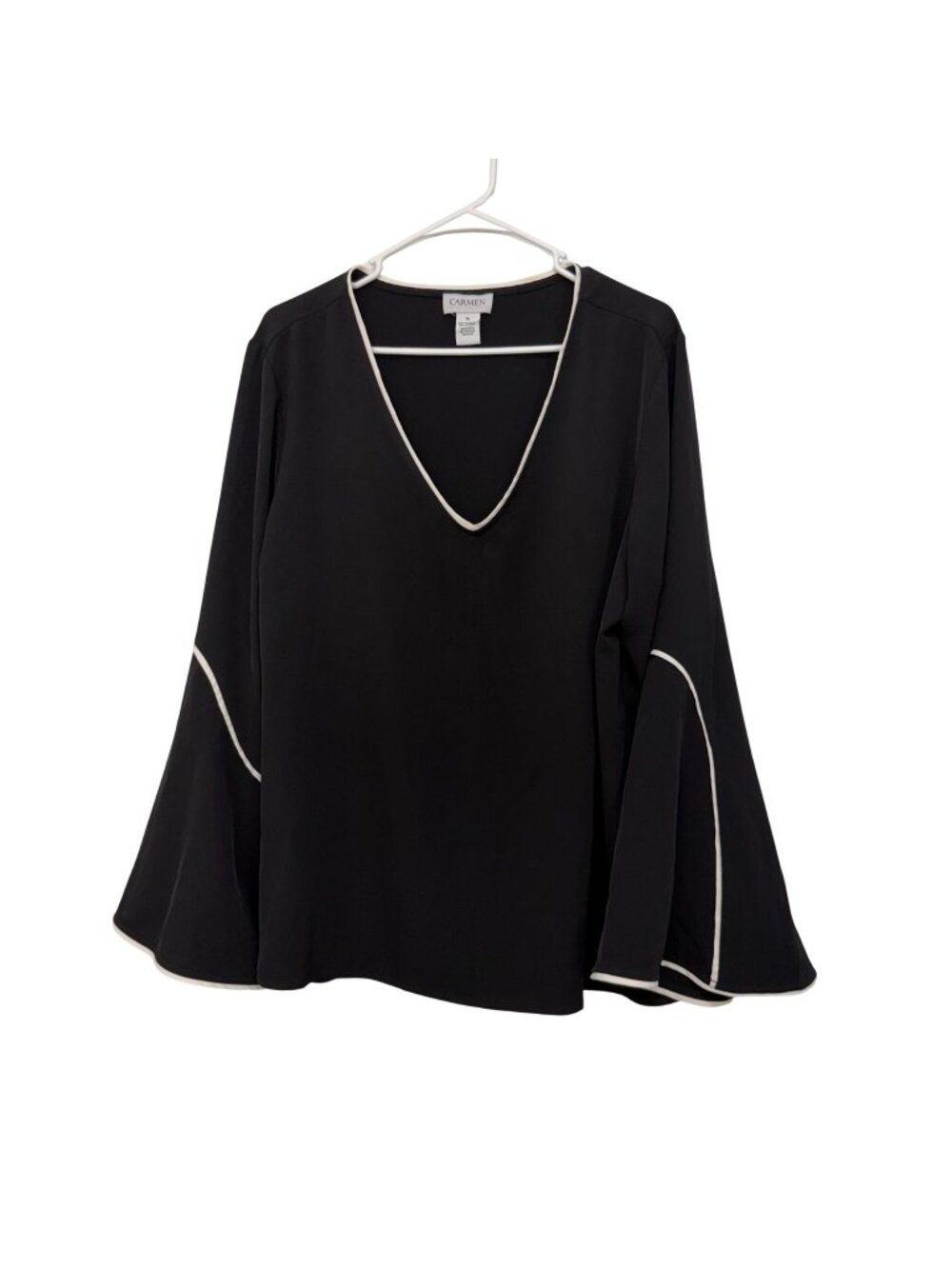 Carmen Marc Valvo Women SZ XL Black V-Neck Top Blouse White Trim & Bell Sleeves